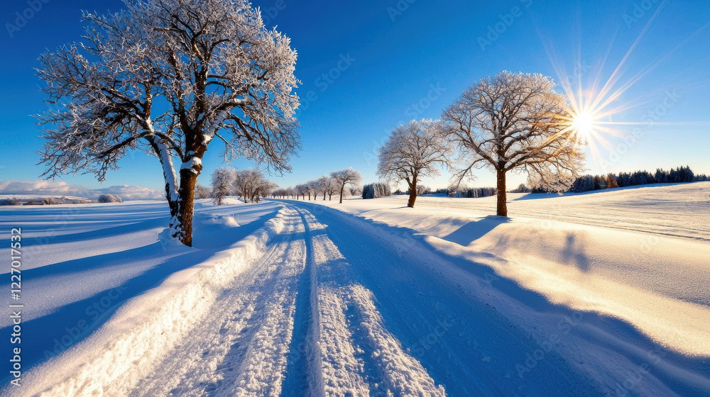 serene winter landscape featuring snow covered road lined with frosted trees under clear blue sky. sun shines brightly, creating peaceful and picturesque scene serene winter landscape featuring snow covered road lined with frosted trees under clear blue sky. sun shines brightly, creating peaceful and picturesque scene