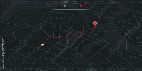 Online location tracking with data of arrive time on city map. Huge isometric city map with roads streets as background. Vector illustration