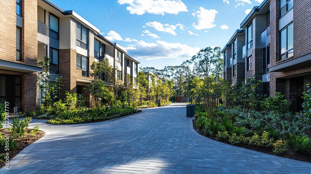 Freshly paved street in front of a newly built housing complex, surrounded by greenery. picture Freshly paved street in front of a newly built housing complex, surrounded by greenery. picture