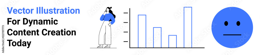 Fototapeta premium Woman observing bar chart, neutral blue face icon conveying data analysis or emotional feedback. Ideal for analytics, strategy, evaluation, feedback, content creation, emotional study, flat landing