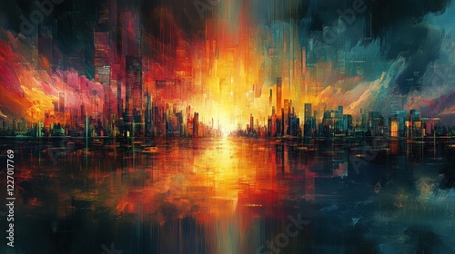 Vibrant abstract cityscape with fiery sunset and reflective waters