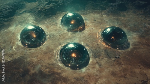 Martian domes, desert landscape, glowing interior, futuristic colony
