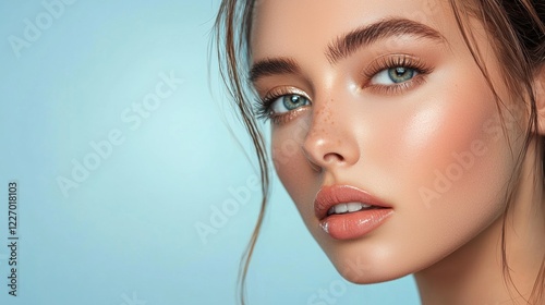 Stunning close-up portrait of young woman with flawless skin and blue eyes on light blue background