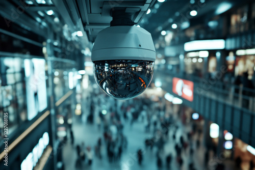 Wallpaper Mural A clear view of a surveillance camera observing the bustling activity of a shopping center, capturing the essence of public security in crowded environments. Torontodigital.ca