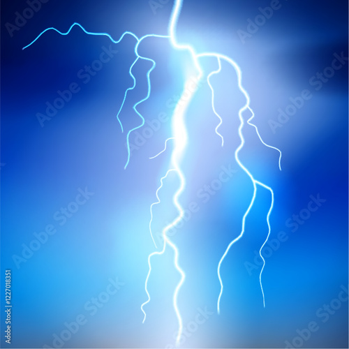 Dark blue background of stormy night sky with lightning flash. Vector illustration in 3d style