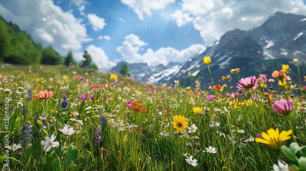 Obraz premium Alpine Meadow with Wildflowers and a Mountain Backdrop, Showcasing Biodiversity