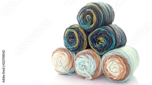 knitted balls of wool are rotating on a white background