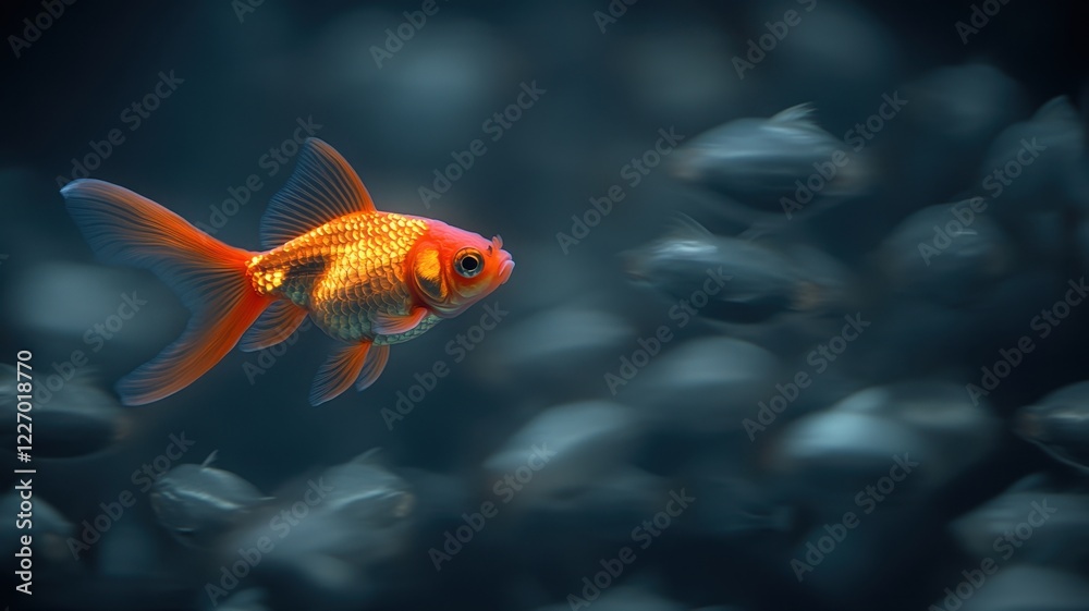 Dynamic leader goldfish swimming among schools of fish underwater scene artistic photography aquatic environment