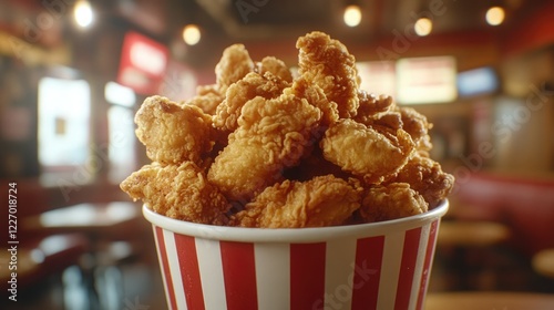 Crispy chicken wings served in a striped bucket at a lively fast food restaurant