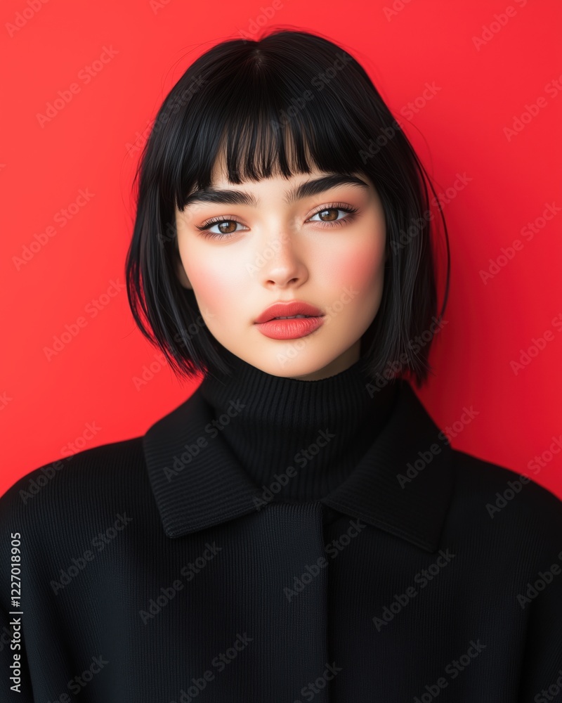 A young woman showcases a confident look with dark hair and bangs, set against a vibrant red backdrop A young woman showcases a confident look with dark hair and bangs, set against a vibrant red backdrop