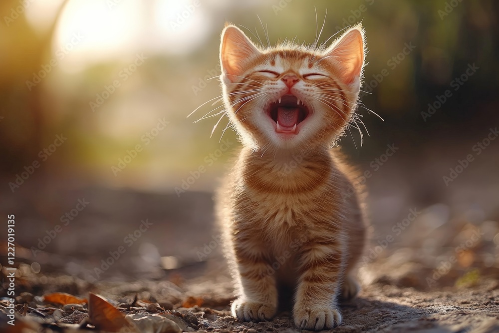 Happy orange kitten enjoying the outdoors at sunset in a serene garden setting Happy orange kitten enjoying the outdoors at sunset in a serene garden setting