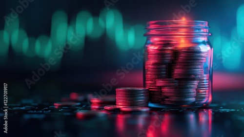 Analyzing financial growth candlestick chart overlay on coins in a jar dark standard setting digital concept photo