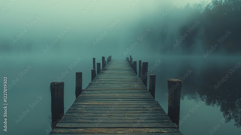 Fototapeta premium Misty lake pier, serene morning, fog, wood, water, reflection, travel, nature, calm