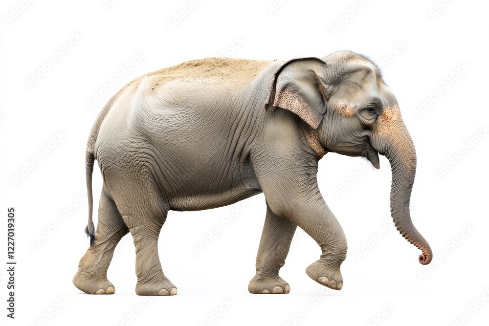 Fototapeta premium A young Asian elephant walks on a white background.