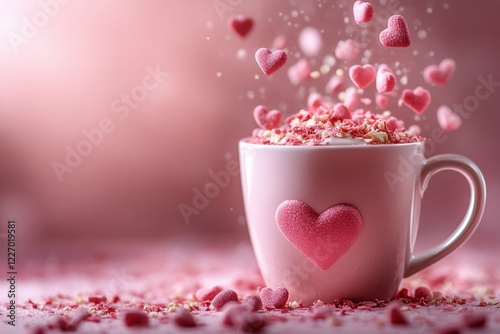 Romantic pink cup filled with heart-shaped sprinkles and falling confetti