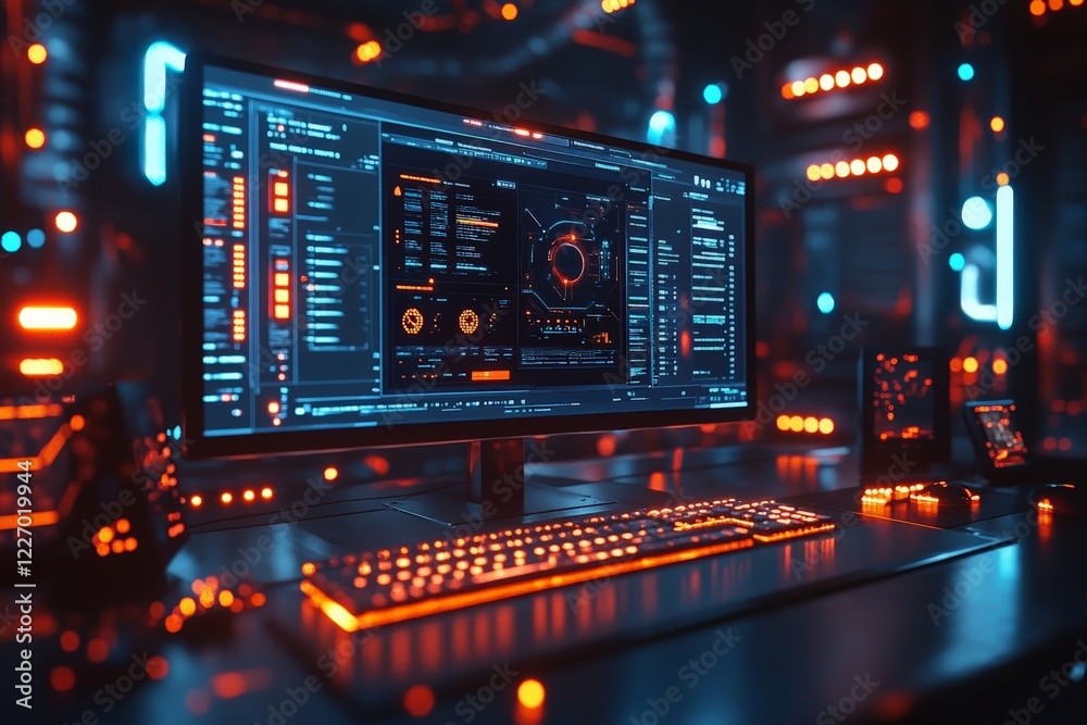 High-tech computer setup in a futuristic digital environment with vibrant neon lights High-tech computer setup in a futuristic digital environment with vibrant neon lights