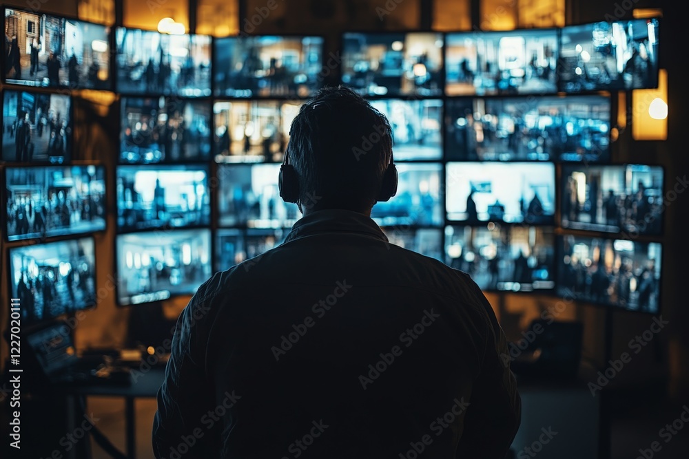 Surveillance operator monitors multiple screens in a control room at night while wearing headphones