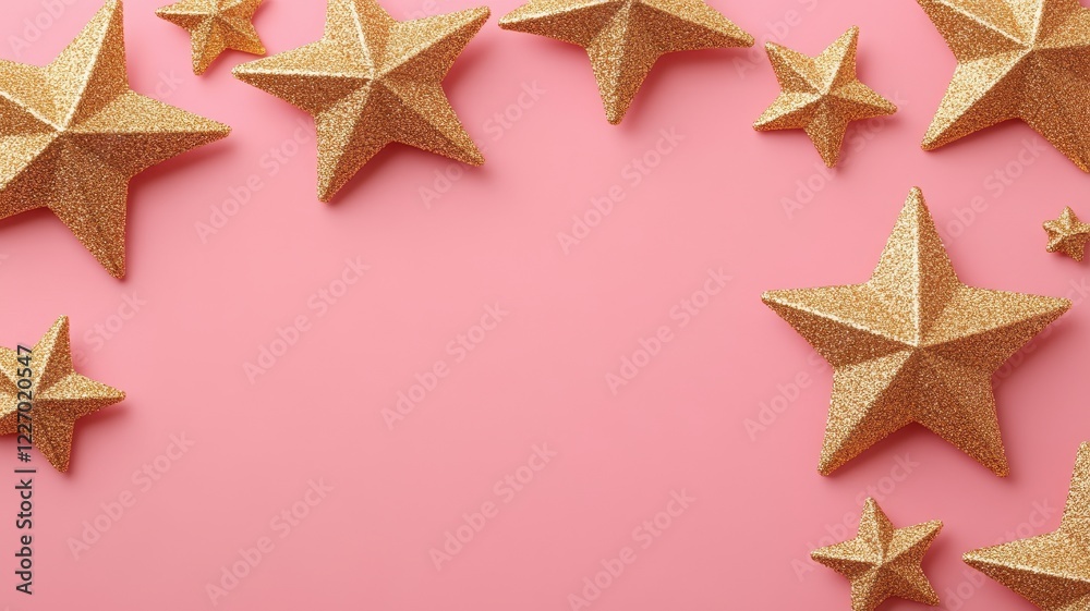 Obraz premium Glimmering gold star shapes scattered on standard pink background decorative elements whimsical concept