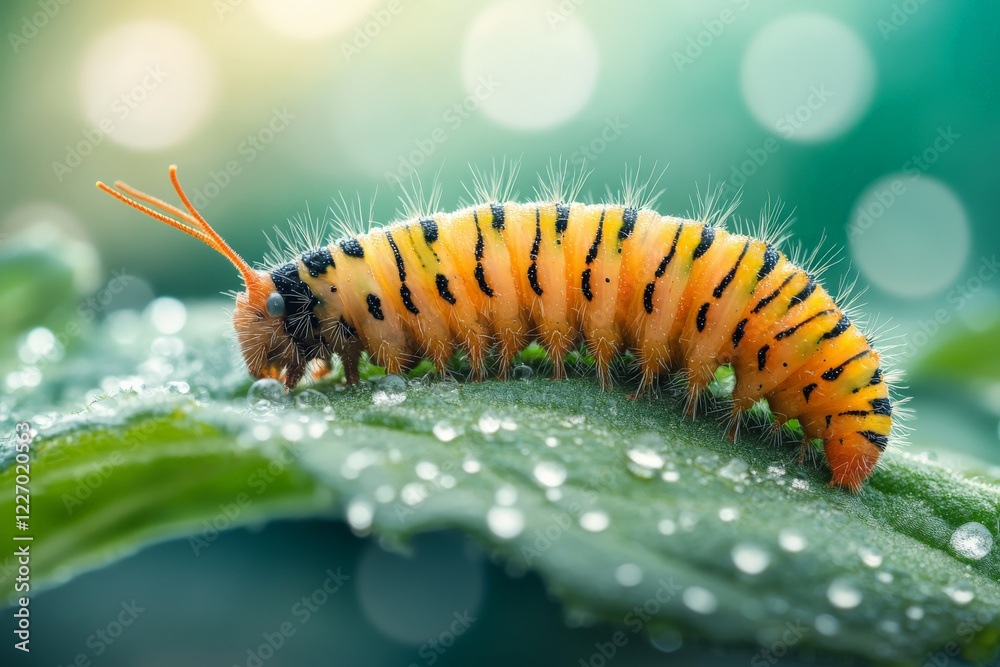 Bright orange caterpillar resting on a green leaf surrounded by droplets in a soft, blurred background during a sunny day Bright orange caterpillar resting on a green leaf surrounded by droplets in a soft, blurred background during a sunny day