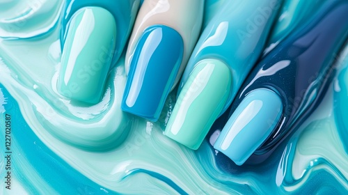 Layers of glossy nail polish in shades of teal, mint, and baby blue creating a ripple effect. picture