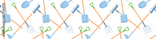 Seamless pattern with garden equipment: shovels, spades, rakes, hoes, pitchforks. Vector backgrounds and textures with tools for working on the farm, in dacha, country site in flat style