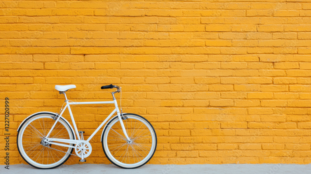 white bicycle stands against vibrant yellow brick wall, creating striking contrast. simplicity of bike and bold color evoke sense of modernity and style white bicycle stands against vibrant yellow brick wall, creating striking contrast. simplicity of bike and bold color evoke sense of modernity and style