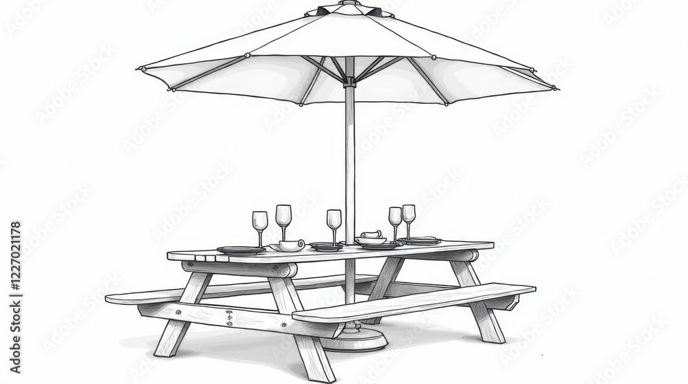 Obraz premium Detailed Line Art Illustration of Picnic Table and Umbrella