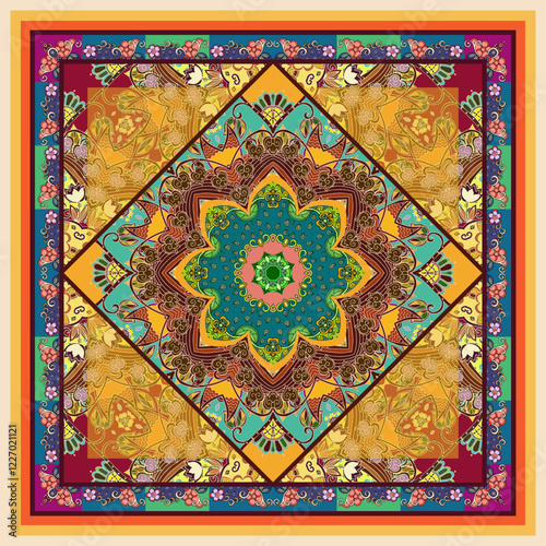 Ornamental silk scarf with floral mandala and decorative border. Tapestry, carpet, pillowcase with oriental motifs. Fantasy pattern.