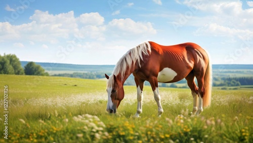 Horse Grazing in a Meadow on a Summer Sunny Day: Illustration for National Farm Animals Day