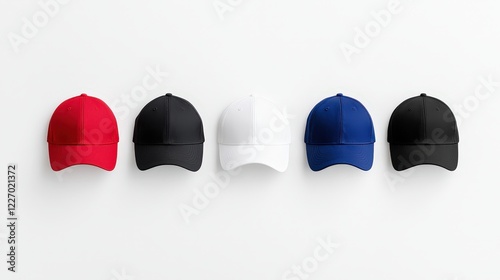 Set of four blank baseball caps in different colors displayed on a white background for custom designs