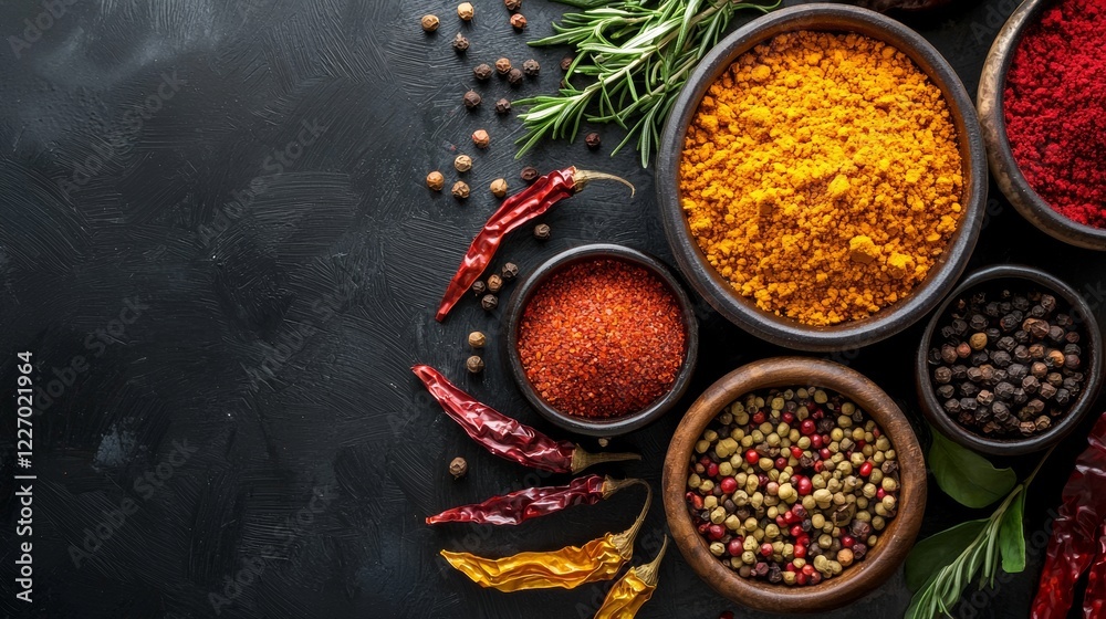 Fototapeta premium Rustic bowls filled with colorful spices and herbs