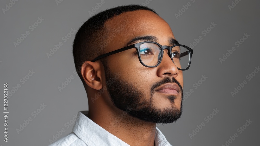 Fototapeta premium Contemplative man in glasses studio setting portrait photography soft lighting side profile view thoughtfulness