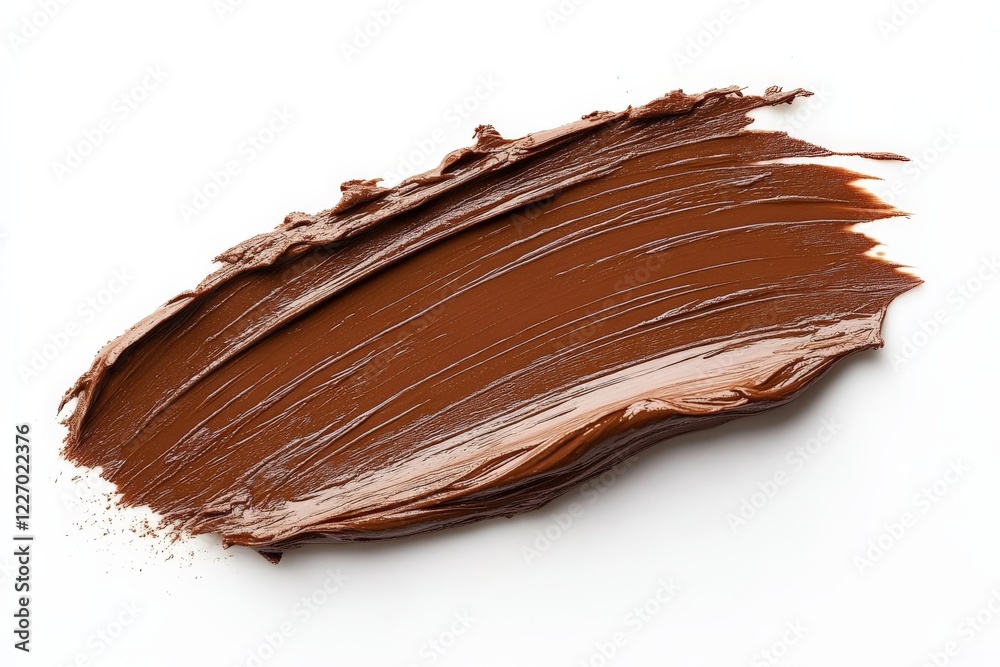 Rich chocolate spread elegantly smeared across a white background, showcasing its smooth texture and deep color Rich chocolate spread elegantly smeared across a white background, showcasing its smooth texture and deep color