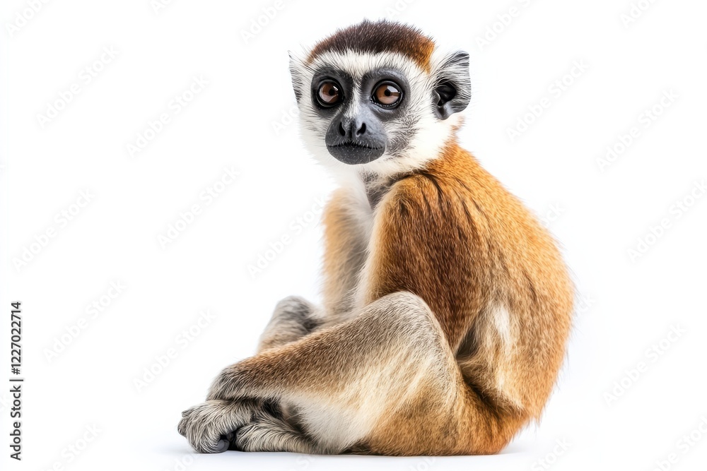 Fototapeta premium Adorable young primate sitting on white background.