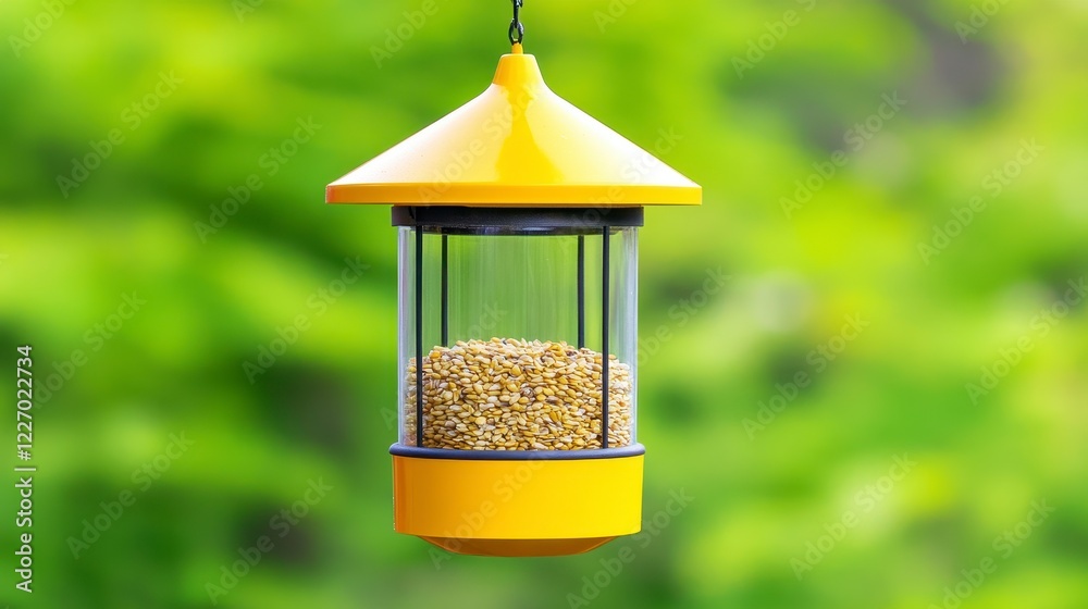 Naklejka premium Bright Yellow Bird Feeder with Birdseed Hanging in Green Background
