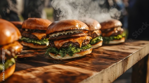 juicy gourmet burgers on wooden board photo