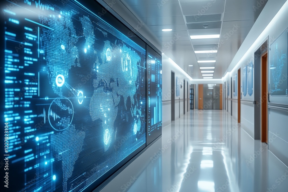 Modern hallway featuring digital displays of a world map and data analytics in a technology-focused environment Modern hallway featuring digital displays of a world map and data analytics in a technology-focused environment