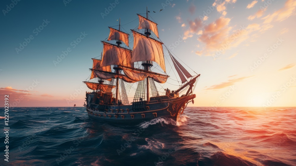 Obraz premium Majestic sailing ship navigates the open seas during a vibrant sunset. Generative AI