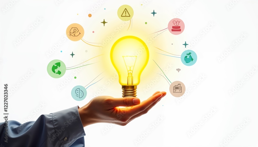 Bright Yellow Lightbulb Held in a Hand Against White Background, Symbolizing Ideas and Innovation Bright Yellow Lightbulb Held in a Hand Against White Background, Symbolizing Ideas and Innovation