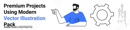 Man in blue shirt pointing, with a gear symbolizing process and upward arrows for growth. Ideal for innovation, teamwork, strategy, business development, improvement, operations, flat landing page