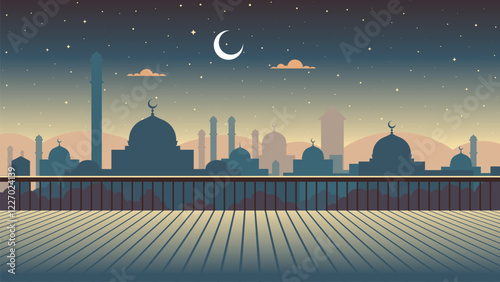 vector illustration of a street and fence with a view of the silhouette of a mosque and a city under the night sky and a crescent moon