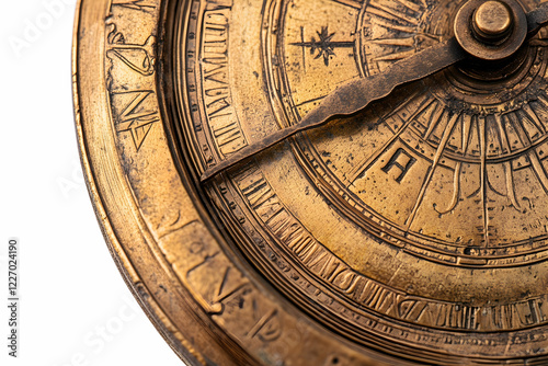 Close-up of an antique bronze sundial with roman numerals on white background