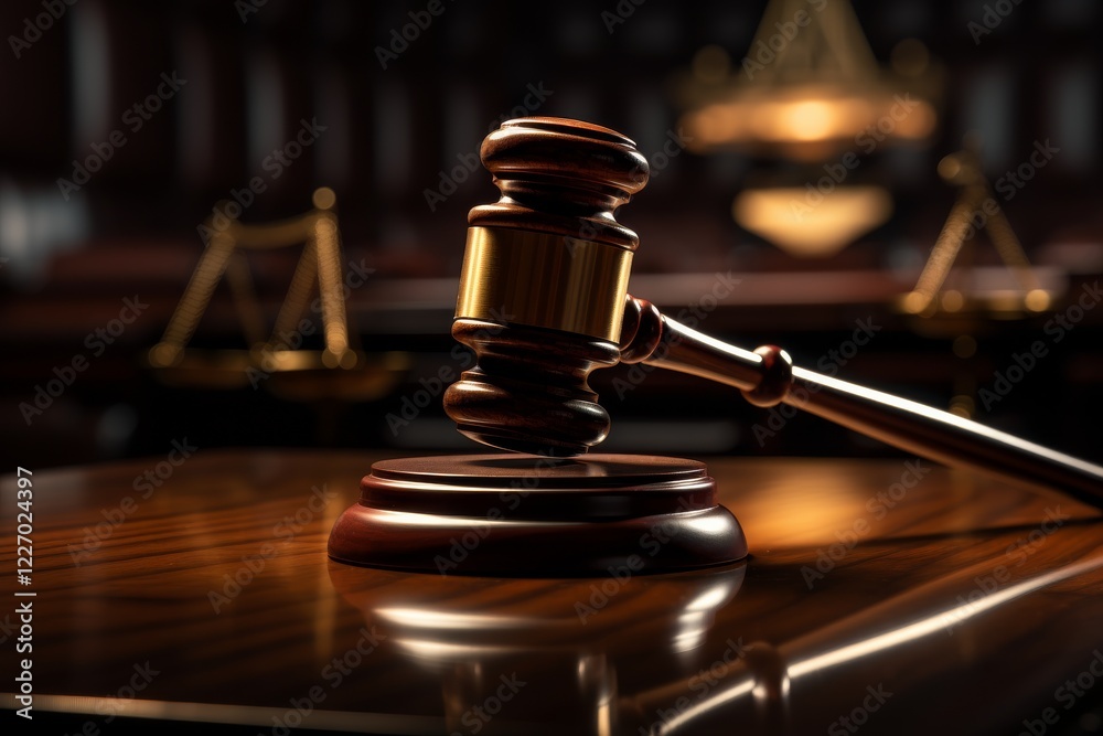 Gavel resting on a polished table in an elegant courtroom setting. Generative AI Gavel resting on a polished table in an elegant courtroom setting. Generative AI