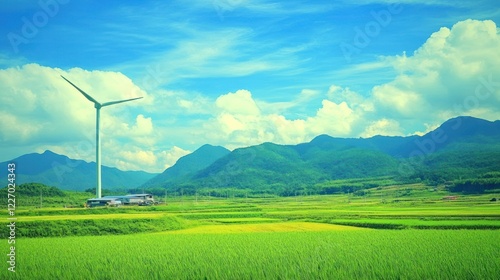 Green fields, mountains, wind turbine, sunny day, renewable energy