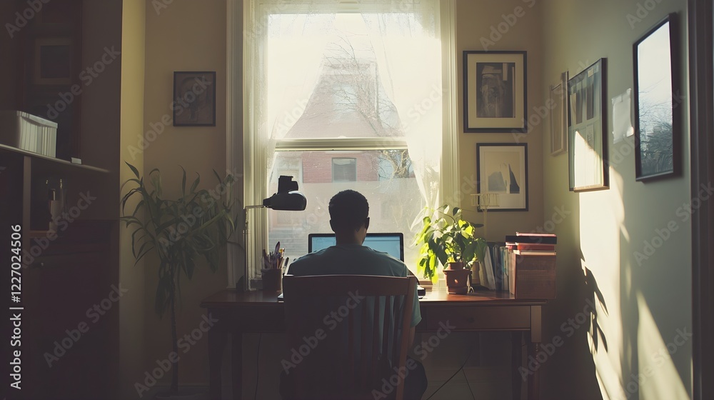 Fototapeta premium man working from home at desk near window