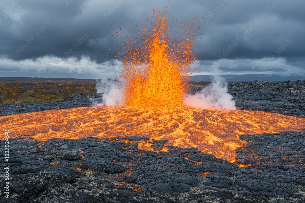 Fototapeta premium Majestic lava eruption at a volcano during a dramatic cloudy day in the wild landscape