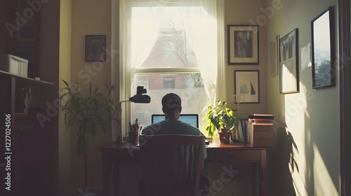 man working from home at desk near window photo