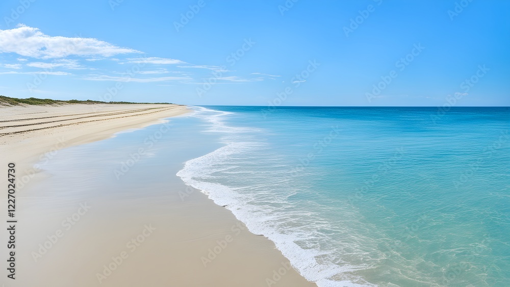 Serene beach scene with soft waves lapping a pristine white sandy shore under a clear blue sky. Serene beach scene with soft waves lapping a pristine white sandy shore under a clear blue sky.