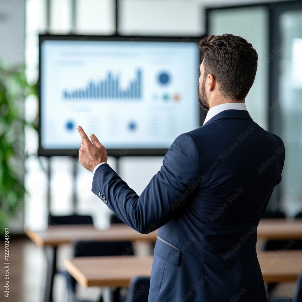 Businessman in suit presenting to investors in front of large screen at a corporate meeting Businessman in suit presenting to investors in front of large screen at a corporate meeting