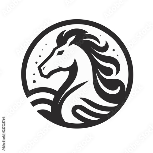 Majestic Horse Head Logo: A striking black and white logo design featuring a stylized horse head with flowing mane, set against a circular backdrop. The silhouette evokes strength, power, and freedom.